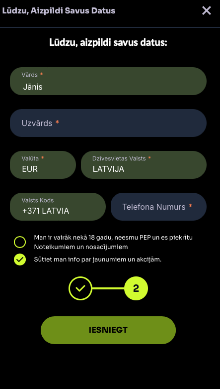 WatchMeWin reģistrācijas otrais solis: personas datu aizpildīšana